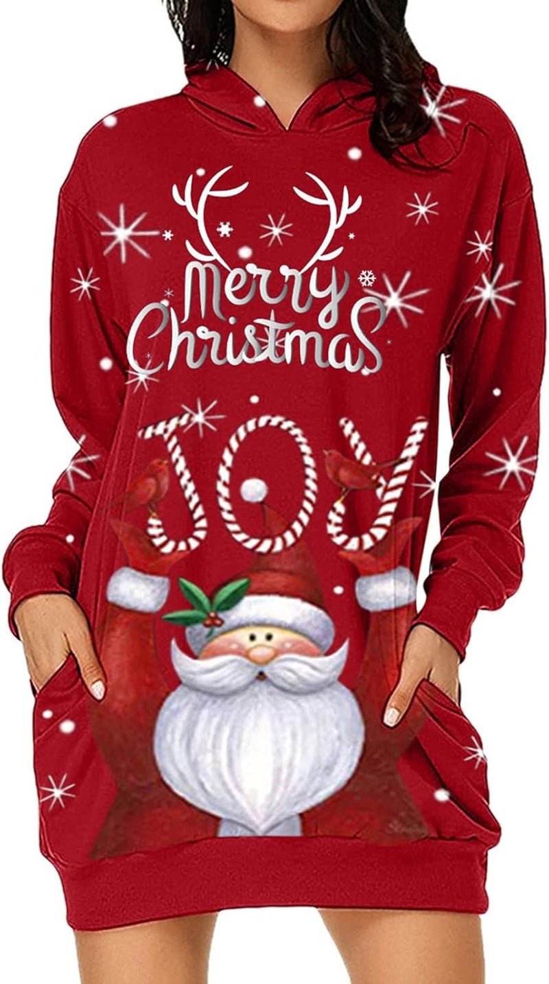 woobles Hoodie Dress, Womens Hoodie Dress Christmas Pattern Print Polyester Casual for Shopping - Image 5